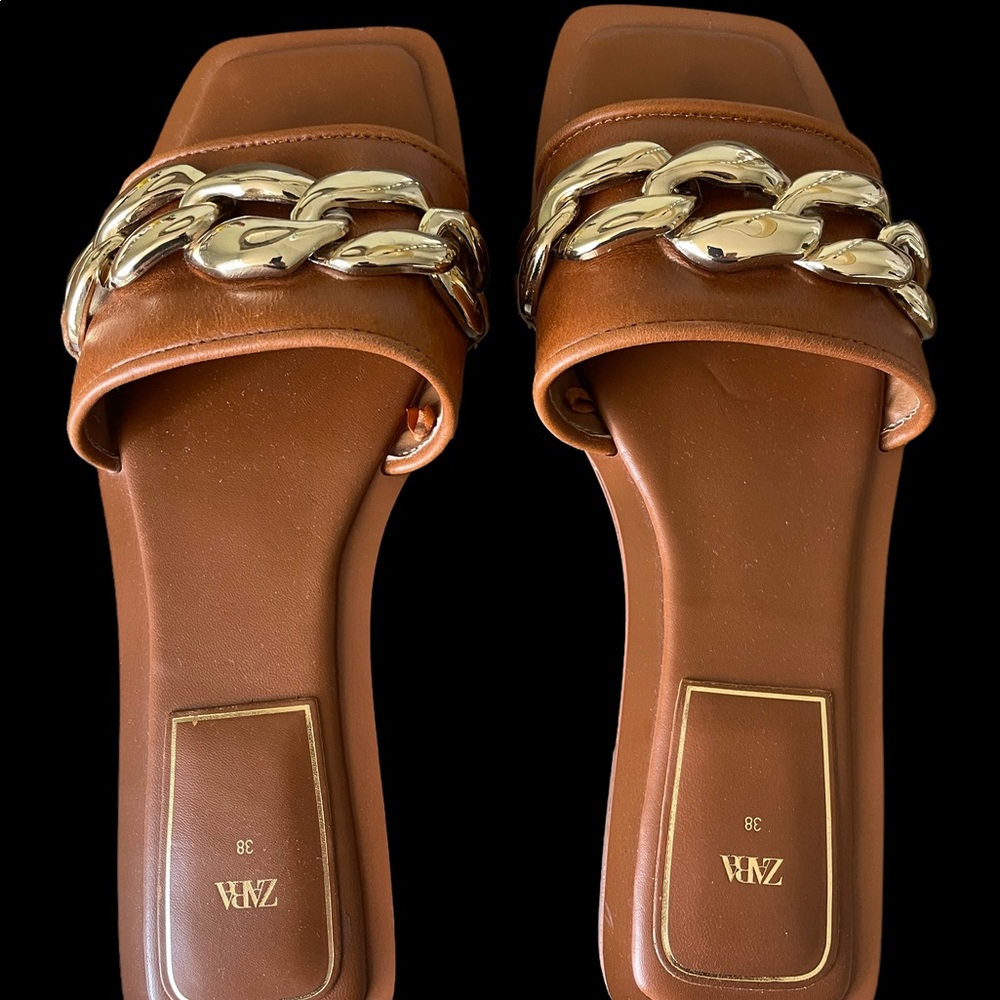 Zara flat sandals. Light Brown with gold buckle. Size 38